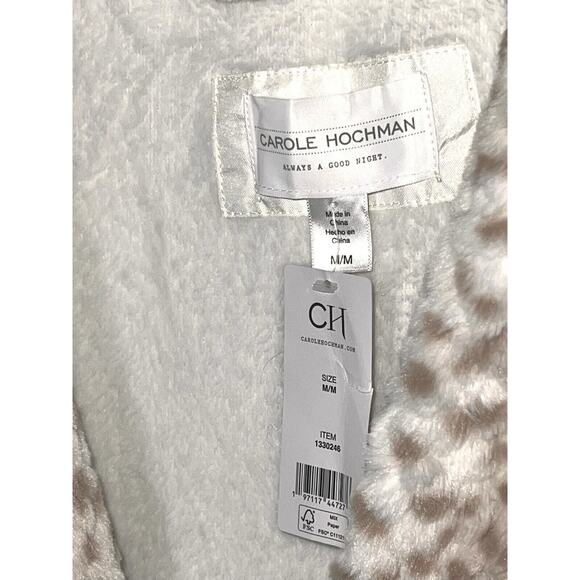 CAROLE HOCHMAN WHITE PLUSH ROBE ANIMAL PRINT TRIM SZ M / MEDIUM NWT SOFT - Picture 5 of 5